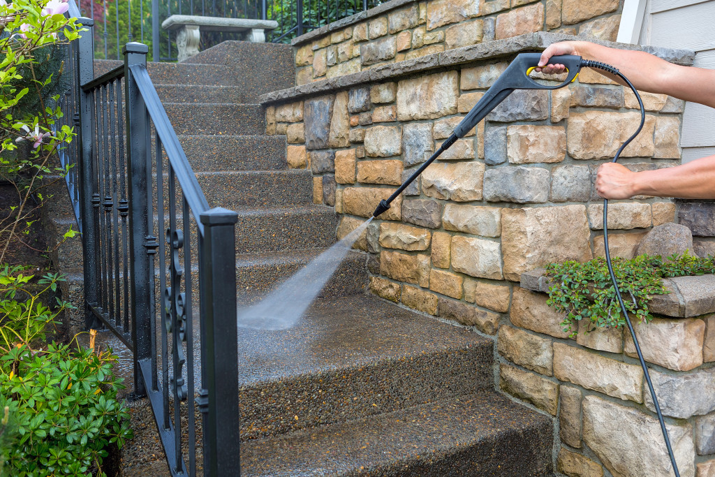 Power washing outdoor stairs