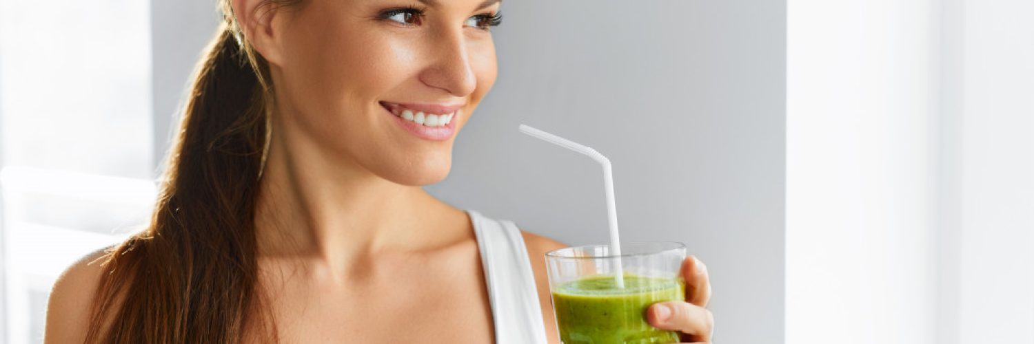 Diet. Healthy Eating Woman Drinking Fresh Raw Green Detox Vegetable Juice. Healthy Lifestyle, Vegetarian Food And Meal. Drink Smoothie. Nutrition Concept.