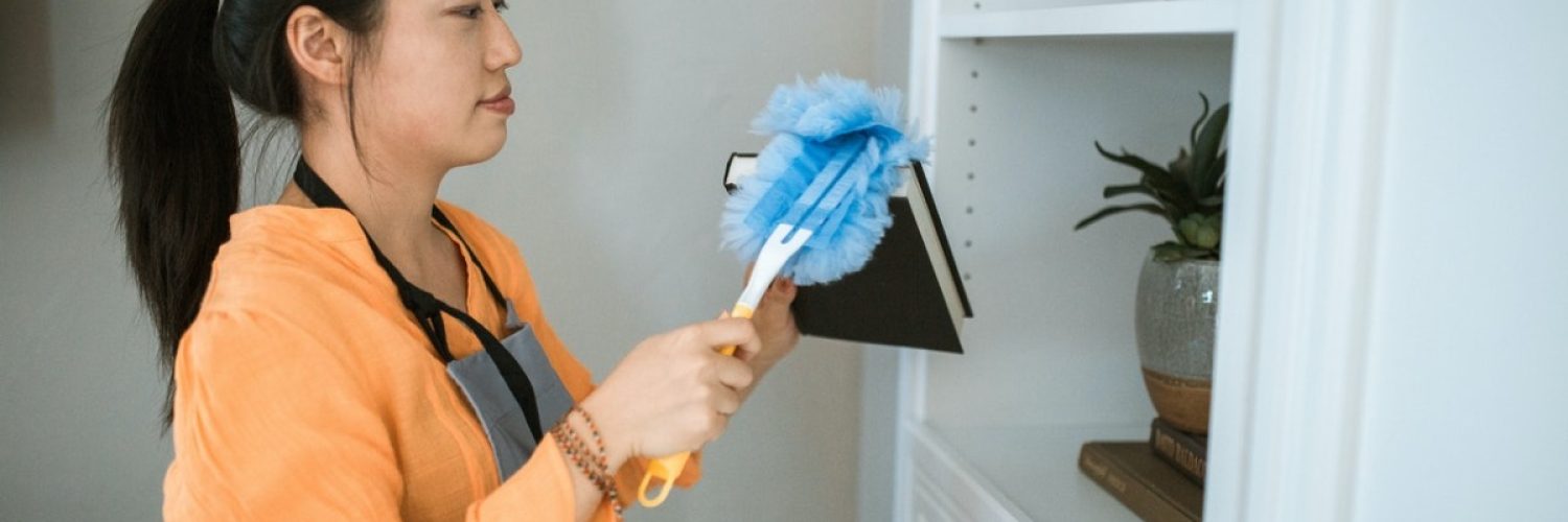 woman cleaning a shelf